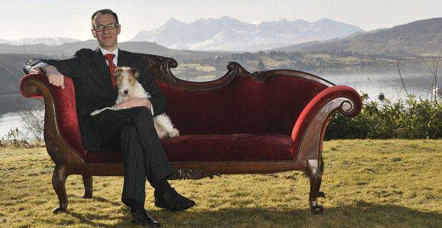 Peter Sim and Molly, Wire Fox Terrier, Peaty Nose Ltd, Malt Embassy, Cuillin Hills Hotel, Portree, Isle of Skye
